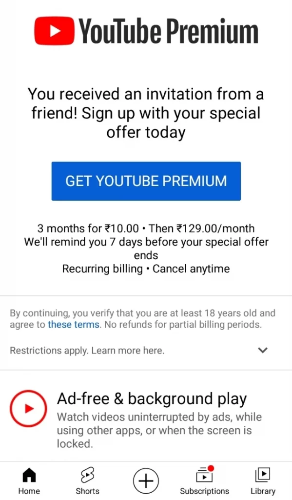 youtube premium membership free