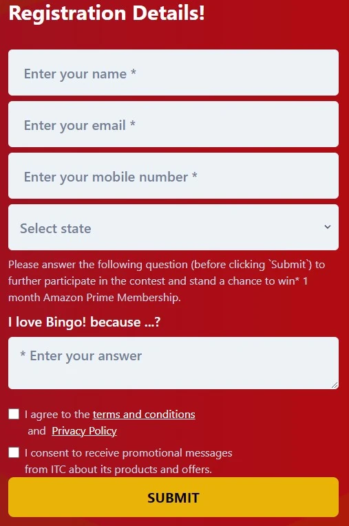 बिंगो अमेज़न प्राइम ऑफर कैसे अप्लाई करें(How to participate Bingo Amazon Prime contest), बिंगो अमेज़न प्राइम कांटेस्ट में पार्टिसिपेट करने के लिए ऑफर पेज में डिटेल्स भरे